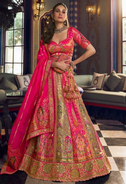 Amazing Multi Colour Banarasi Embroidered Lehenga Choli for Engagement